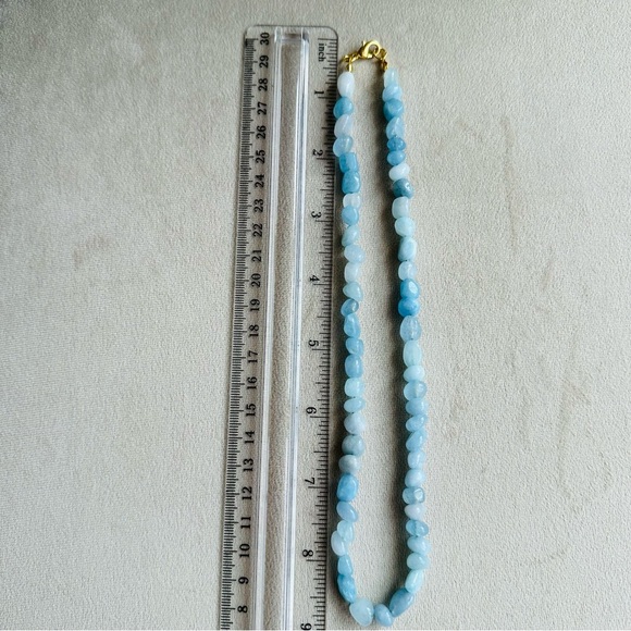 Aquamarine Beaded Necklace 14k Gold Plated Chain 18 Inch - Picture 5 of 17